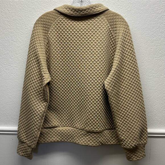 V582 Women’s 2 Way Button Up Cowl Neck or Collared Long Sleeve Sz M Tan Pullover - Picture 13 of 15